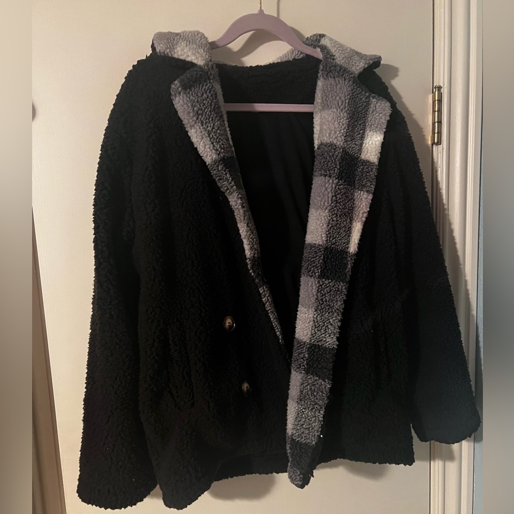 cozy soft black jacket with plaid detail